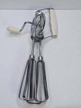 Vintage Hand Crank Egg Beater Stainless SteelRotary Mixer White Handles 9"